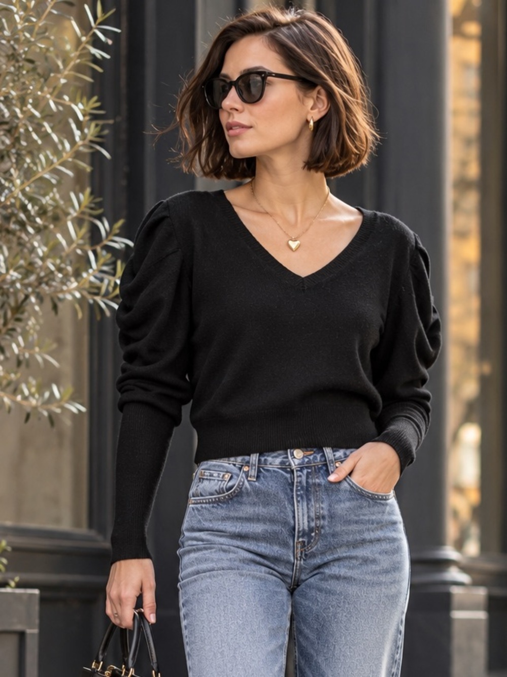 FRAME Black V-Neck Ruffled Sleeve Cropped Wool/Cashmere Blend Sweater, XS